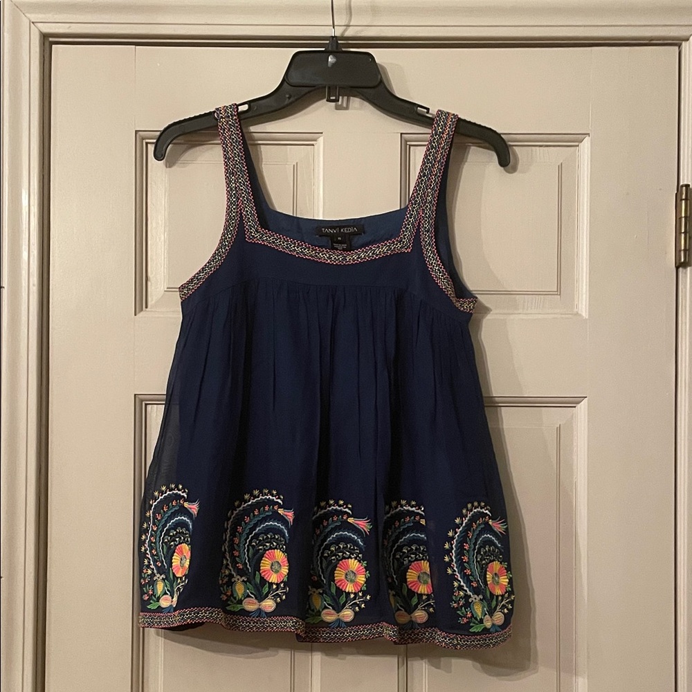 Anthropologie Tanvi Kedia  Dark Blue Floral Embroidered Top—Size XS